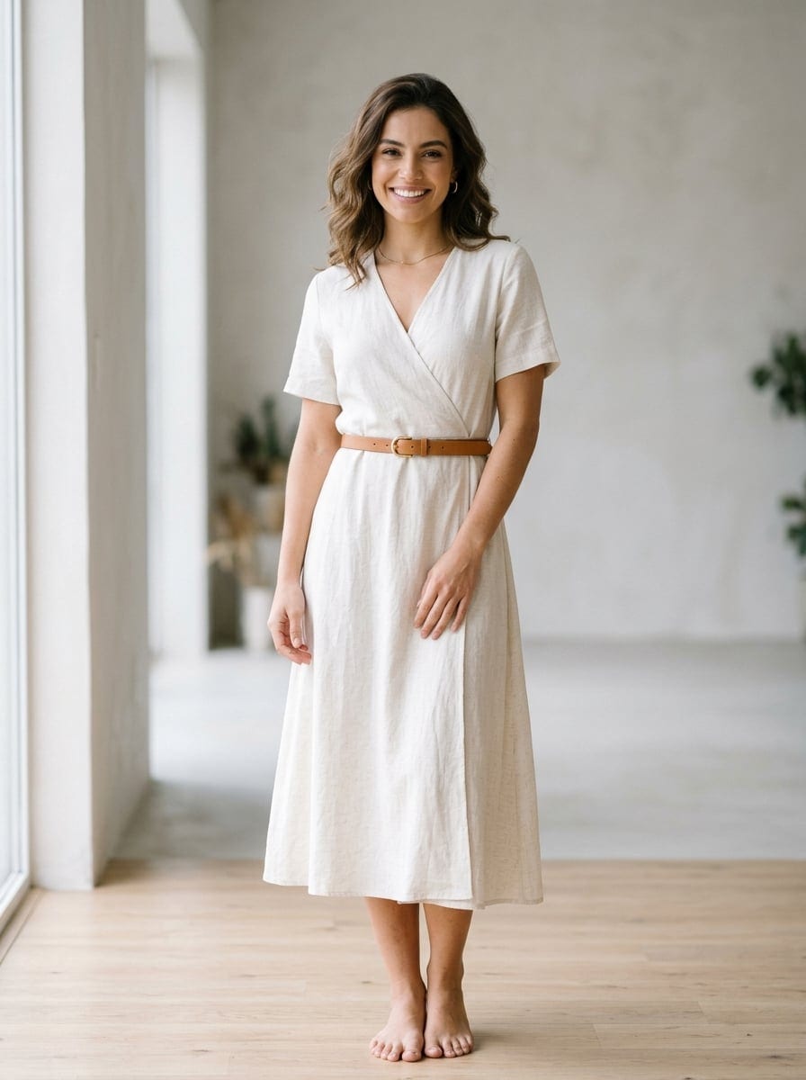 Modelo com vestido midi de linho off-white e cinto fino
