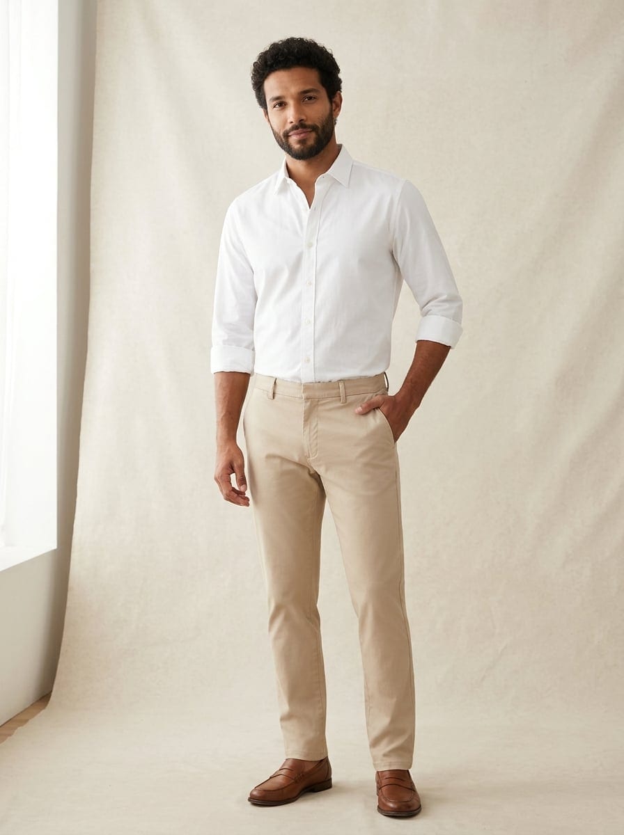 Modelo com camisa branca de algodão e calça de alfaiataria bege