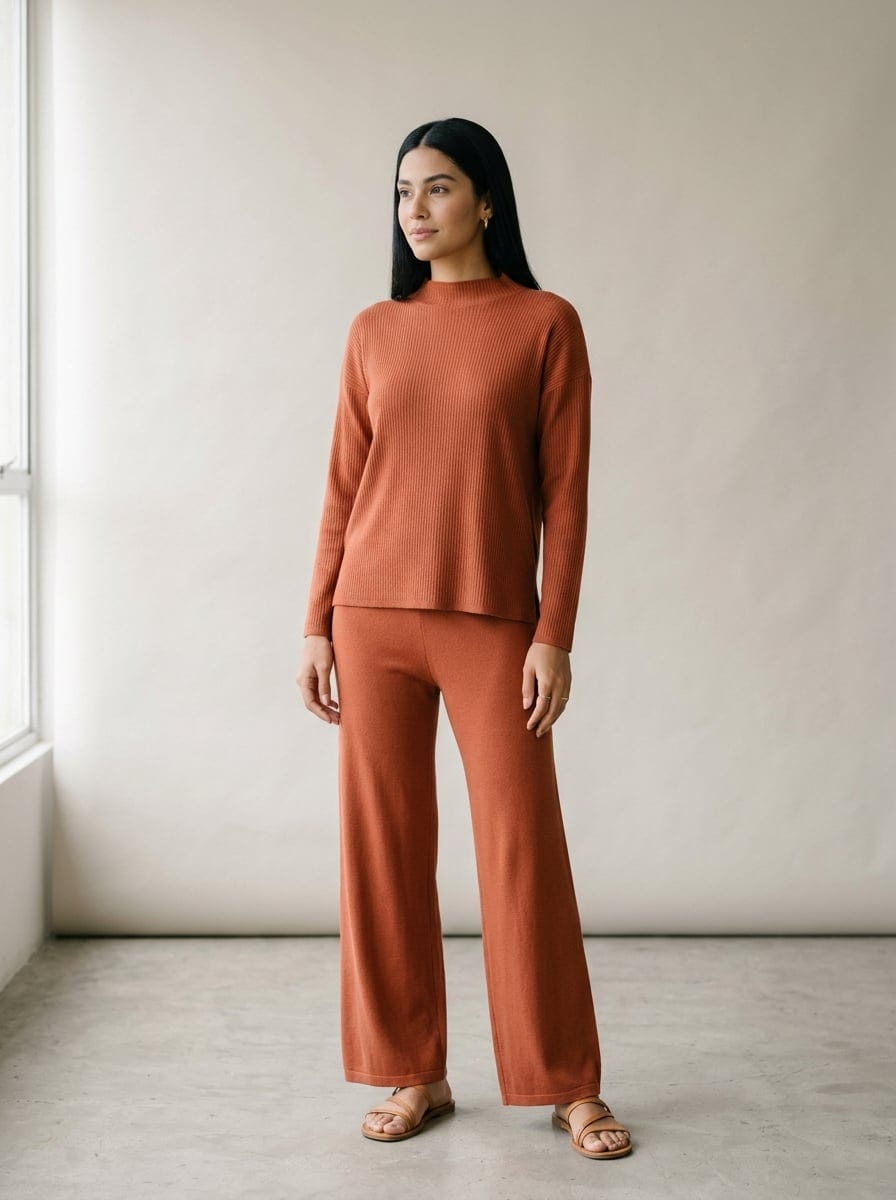 Modelo com conjunto de malha cor terracota
