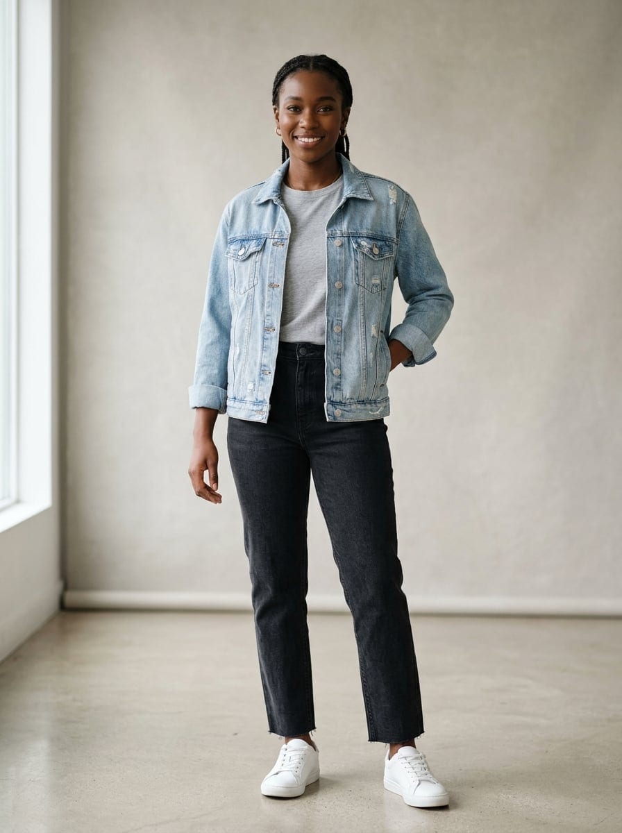Modelo com jaqueta jeans clara sobre camiseta cinza
