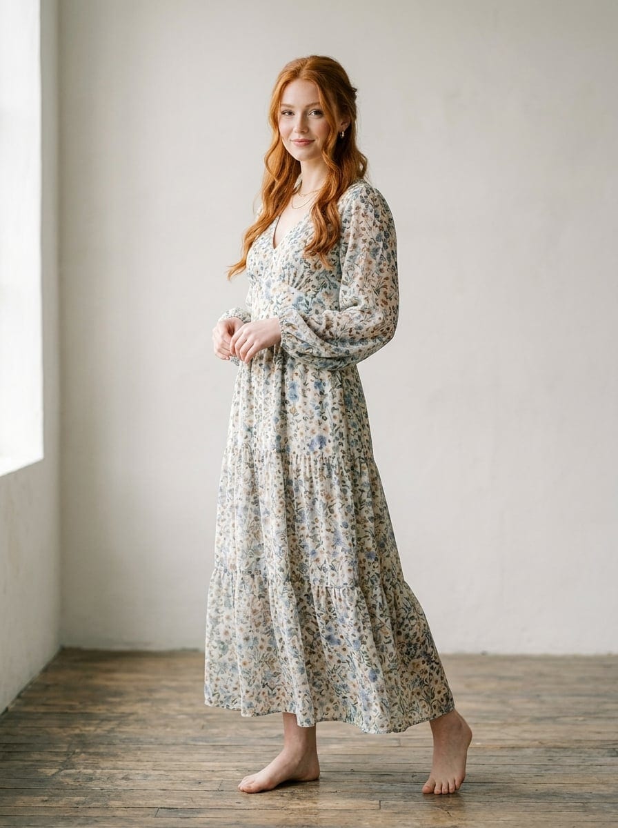 Modelo com vestido longo de estampa floral em tons de azul e verde
